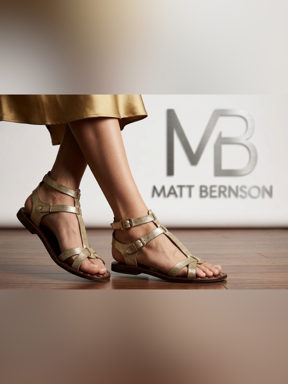 Authentic Matt Bernson designer matte gold leather sandals Sz 6